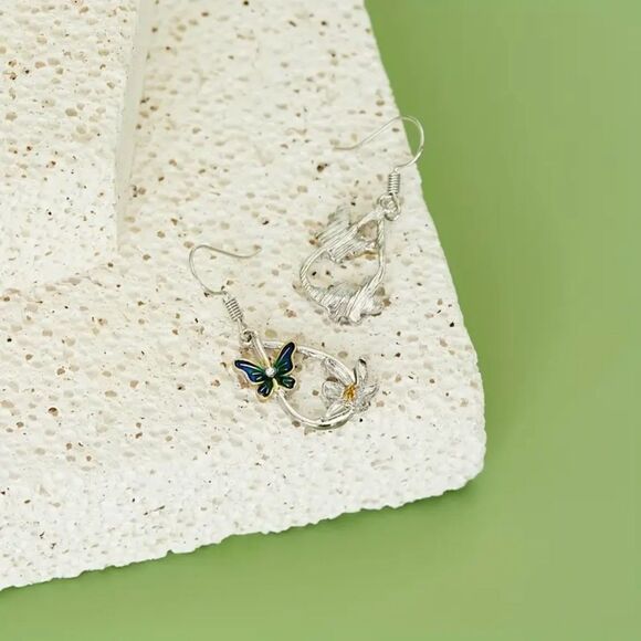 New - Teardrop Shape Butterfly and Flower Hook Dangle Earrings - Picture 8 of 8